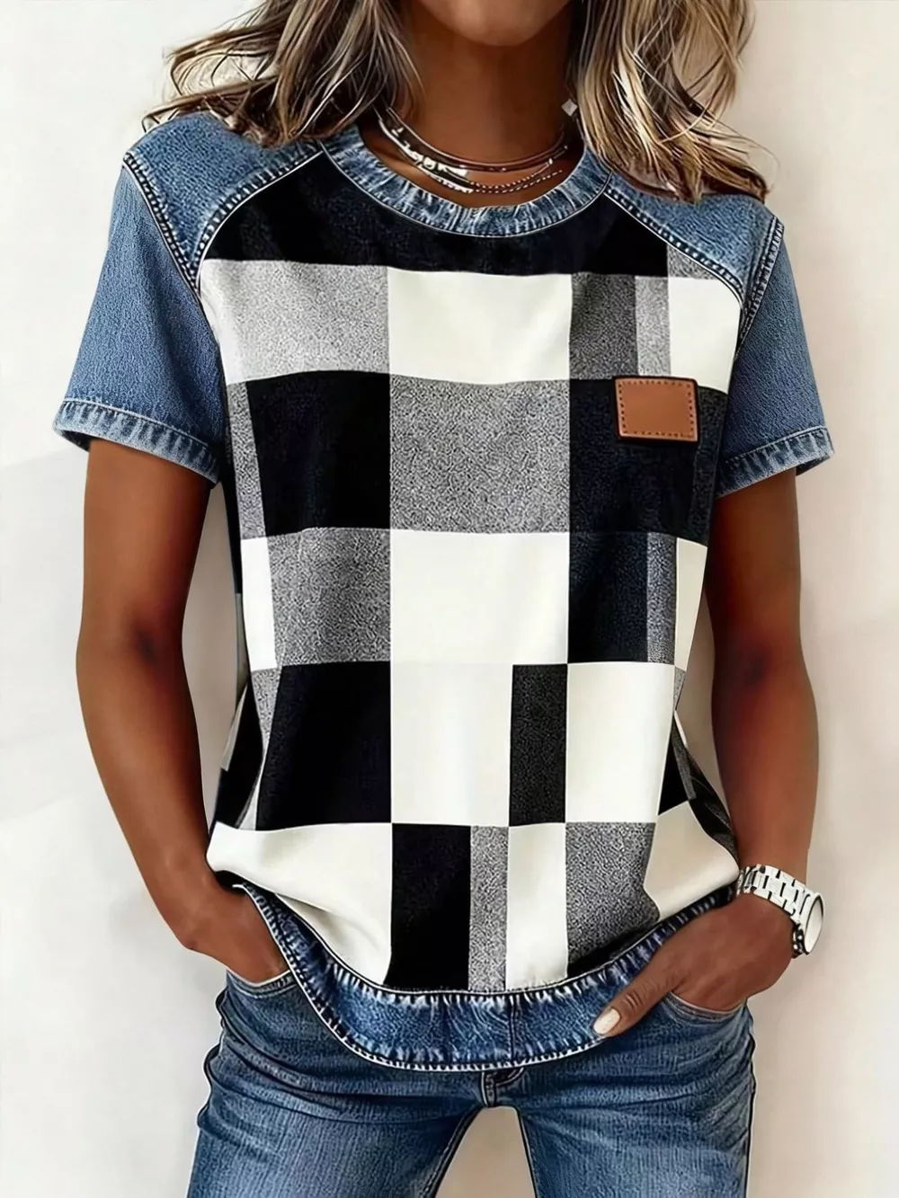 Denim Patchwork Short Sleeve Blouse, image 3