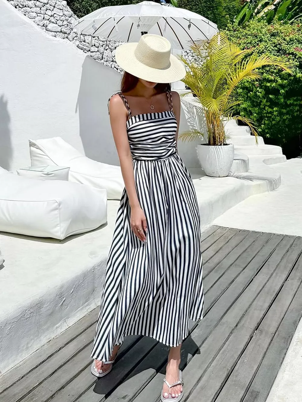 Striped Spaghetti Strap Casual Maxi Dress, image 9