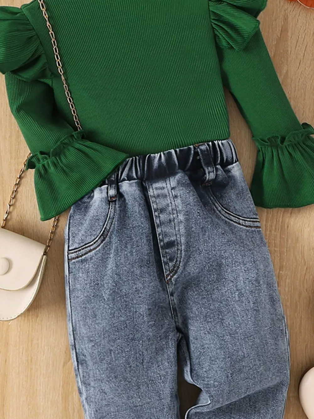 Children's Ruffle Trim Ribbed Top & Jeans Set, image 3