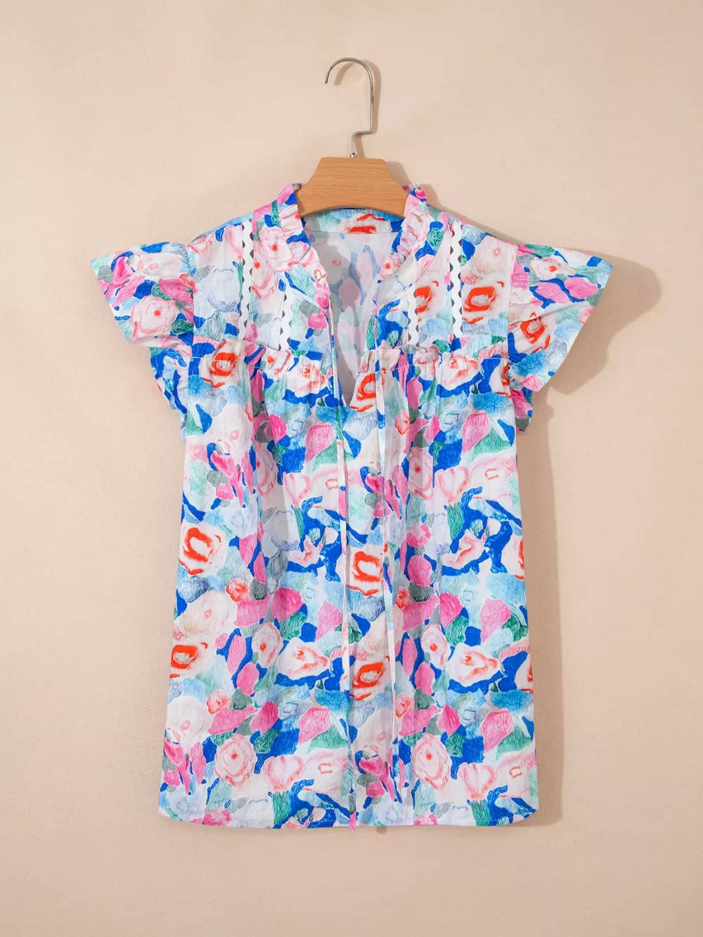 Floral Print Tie V Neck Contrast Detail Ruffle Short Sleeve Blouse, image 3