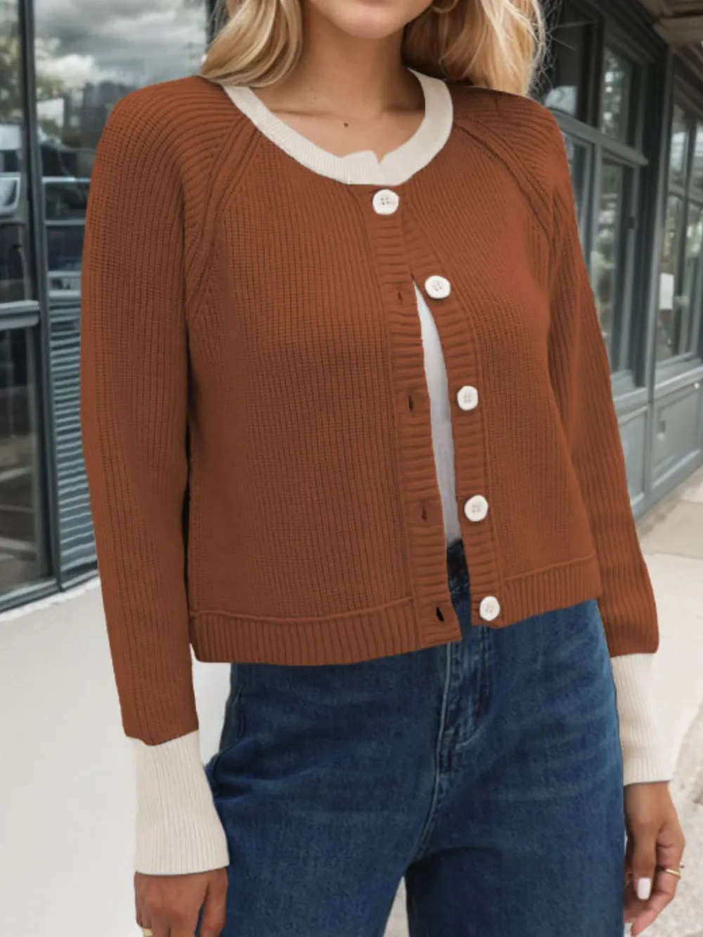 Contrast Button Up Long Sleeve Cardigan, image 8