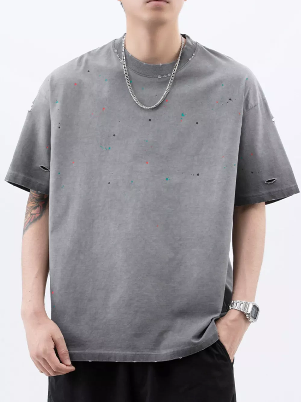 Men's Plus Size Distressed Round Neck Short Sleeve T-Shirt, image 7