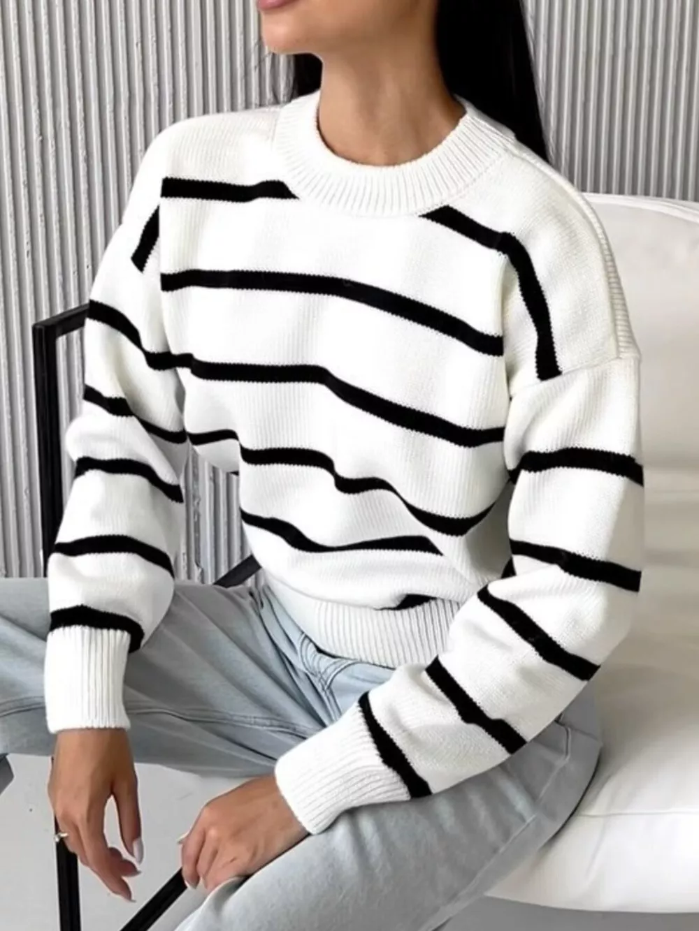 Striped Knit Round Neck Sweater, image 5