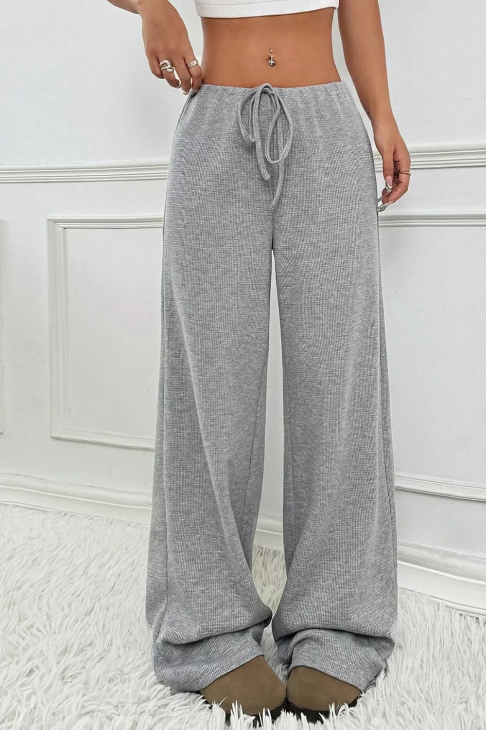Ribbed Knit Drawstring Wide Leg Pants, image 14
