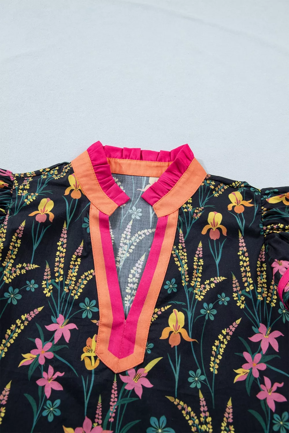 Floral Print Contrast Trim Tiered Ruffled Short Sleeve Blouse, image 6
