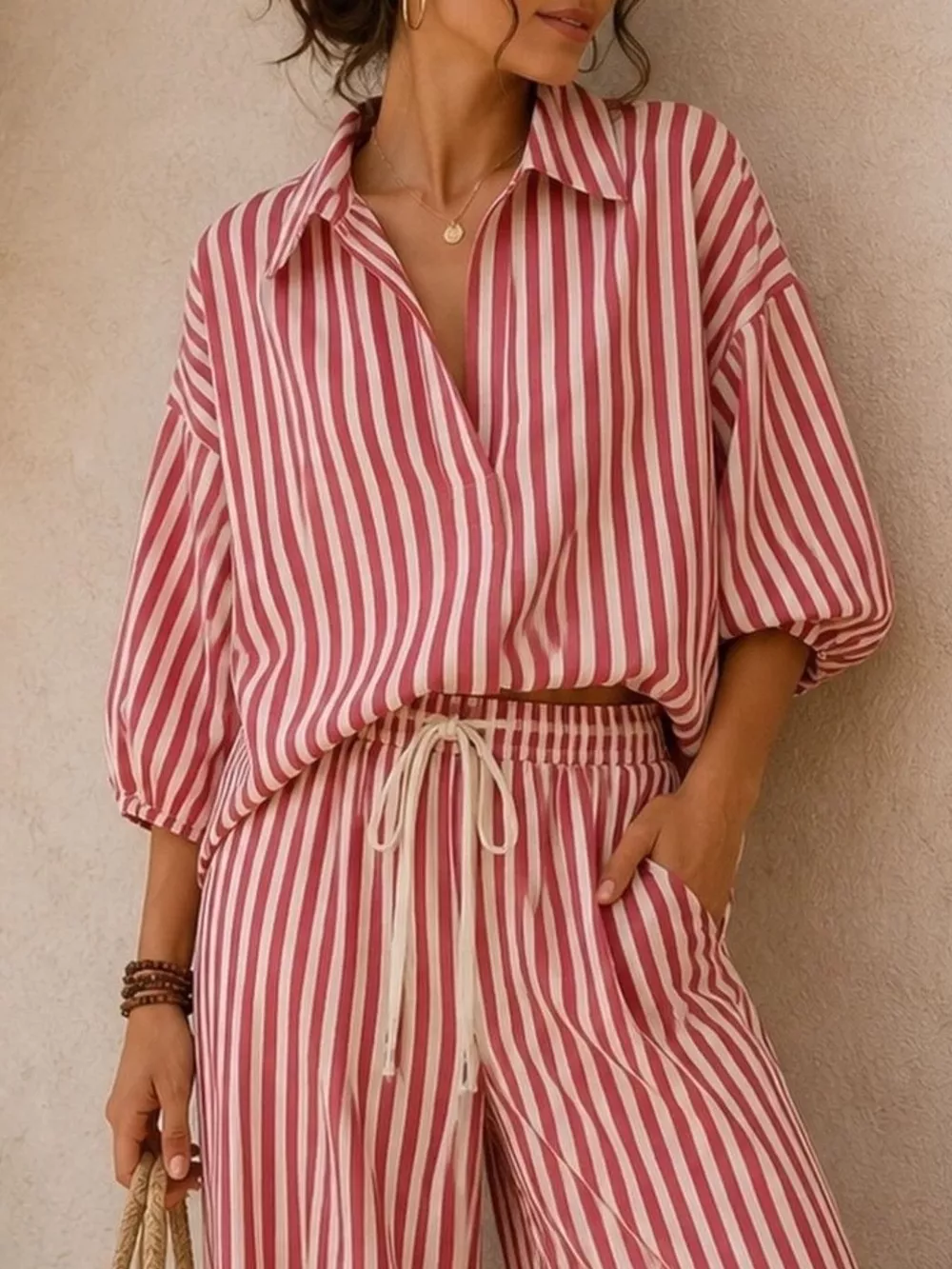 Full Size Striped Relaxed Fit Shirt and Wide-Leg Pants Set Plus Size, image 4