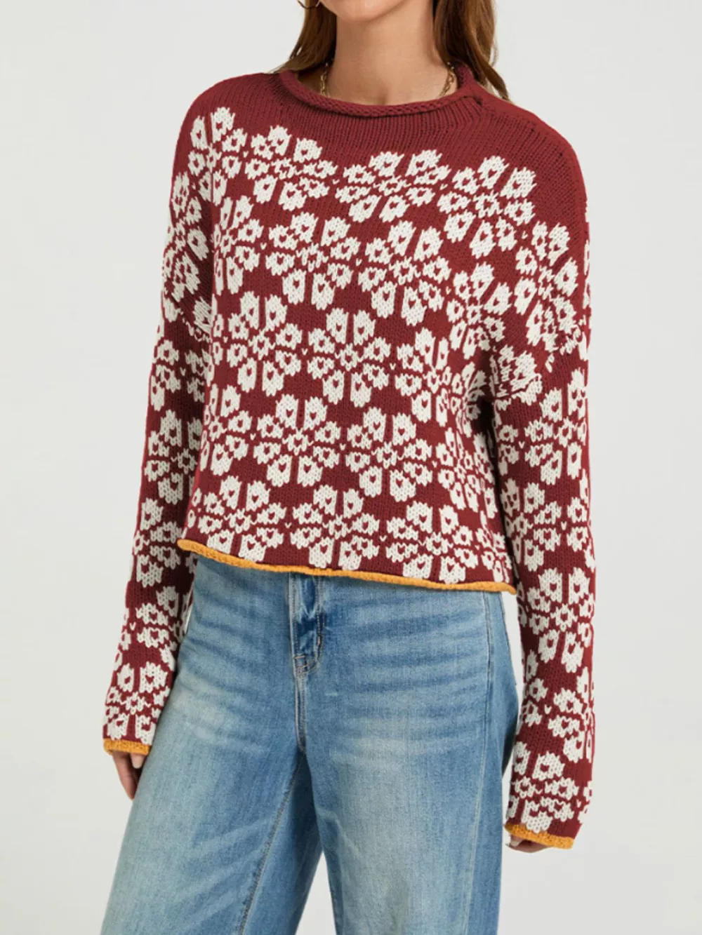 Floral Contrast Trim Dropped Shoulder Sweater, image 9