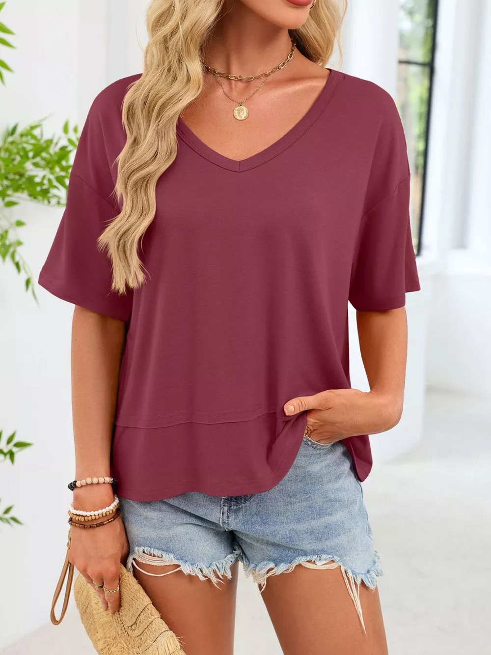 V-Neck Relaxed Fit Solid Color T-Shirt, image 24