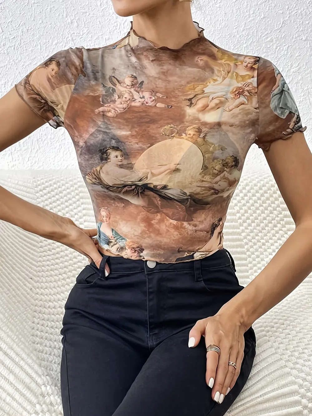 Abstract Print Ruffled Mock Neck Crop T-Shirt, image 17