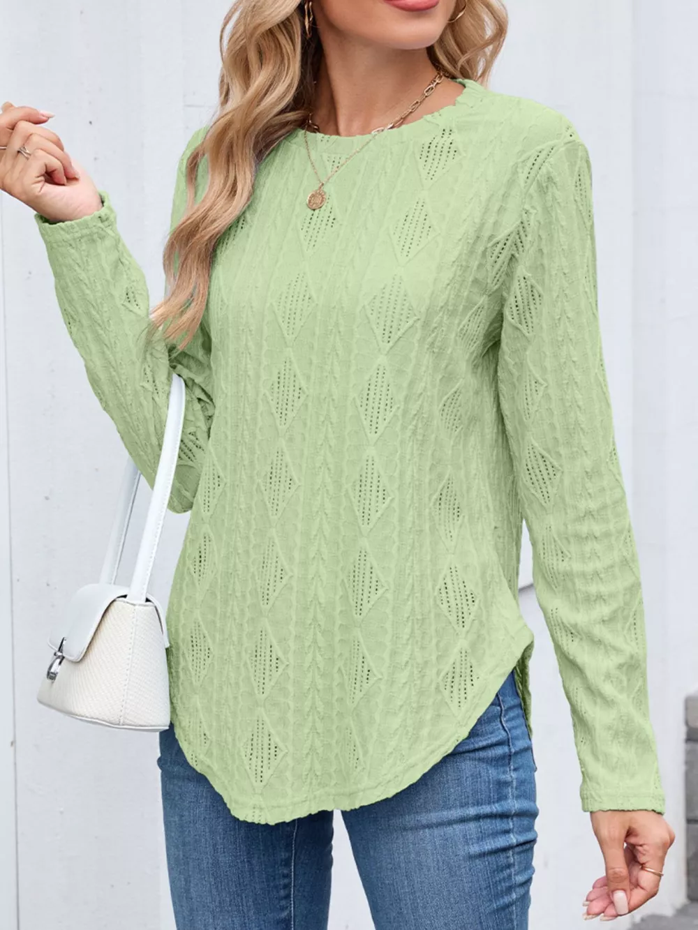 Openwork Textured Long Sleeve Top, image 11