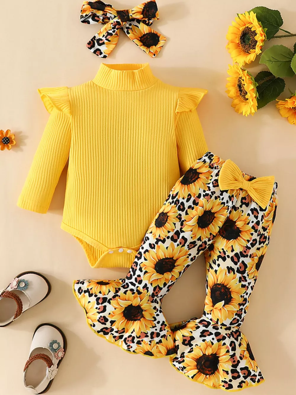 Children's Ruffled Bodysuit and Sunflower Pants Set