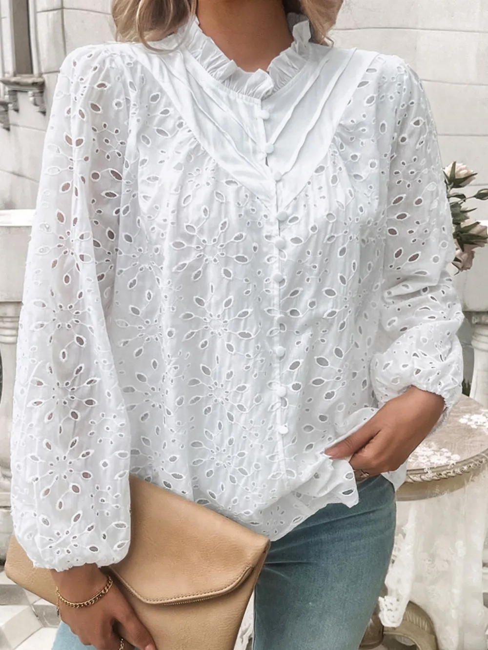 Frill Round Neck Long Sleeve Shirt, image 15