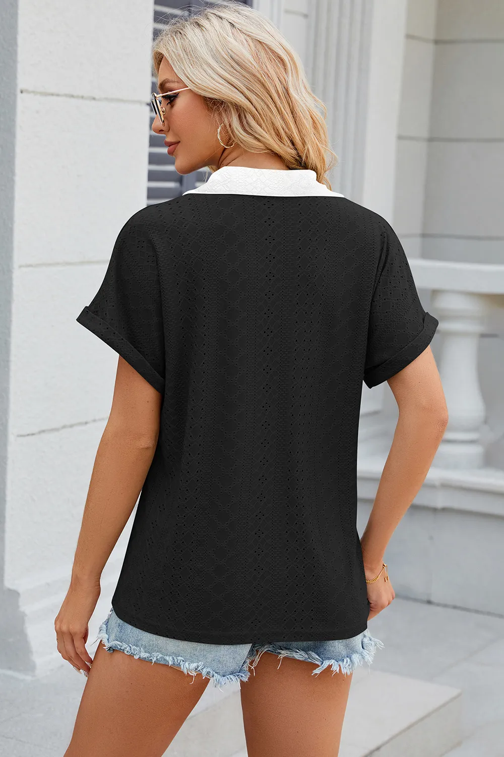 Eyelet Johnny Collar Short Sleeve T-Shirt, image 20