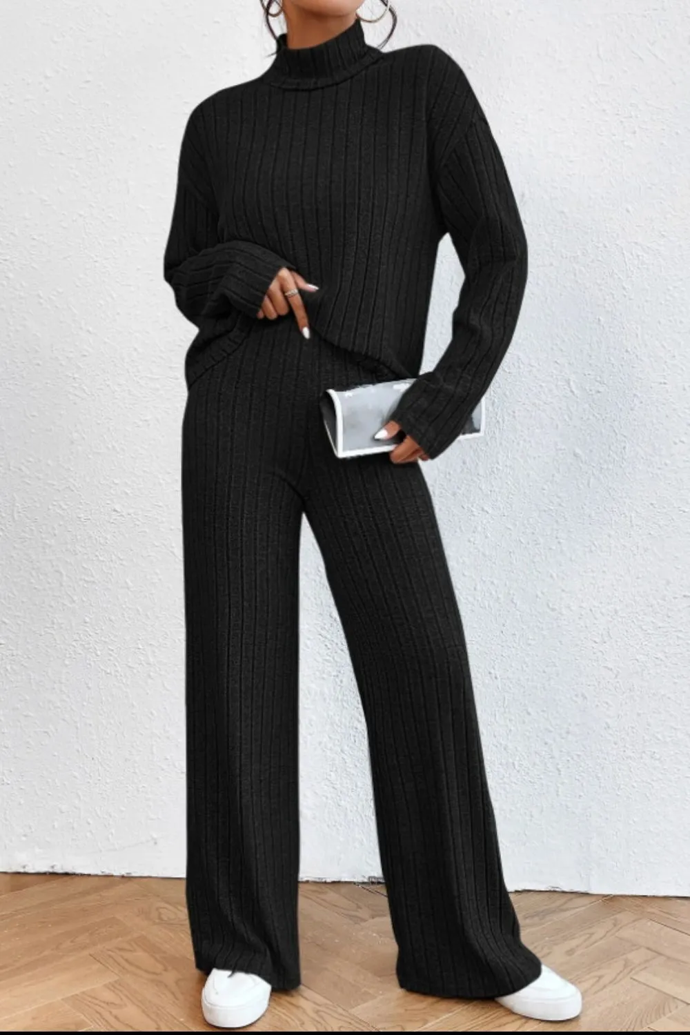Mock Neck Dropped Shoulder Top and Pants Set, image 5