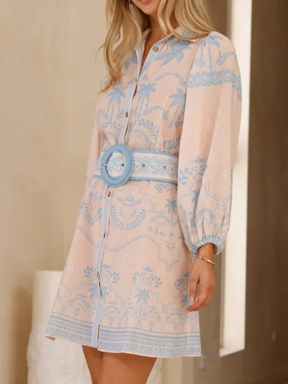 Printed Button Down Shirt Dress with Belt, image 11