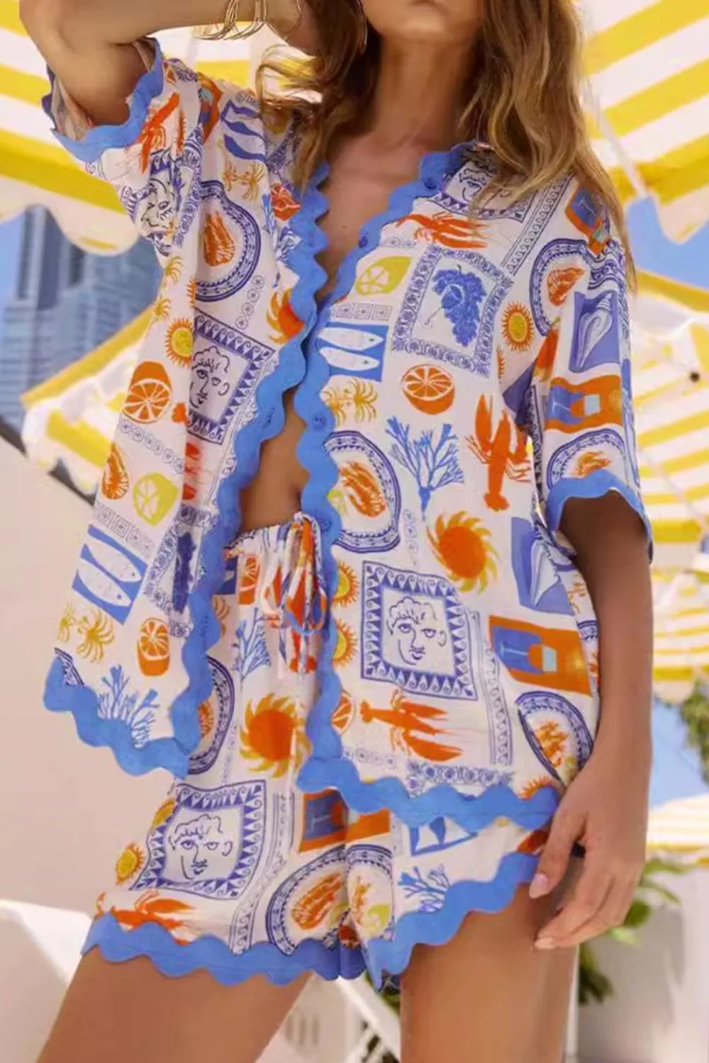 Bohemian Print Button Up Shirt and Shorts Set, image 2