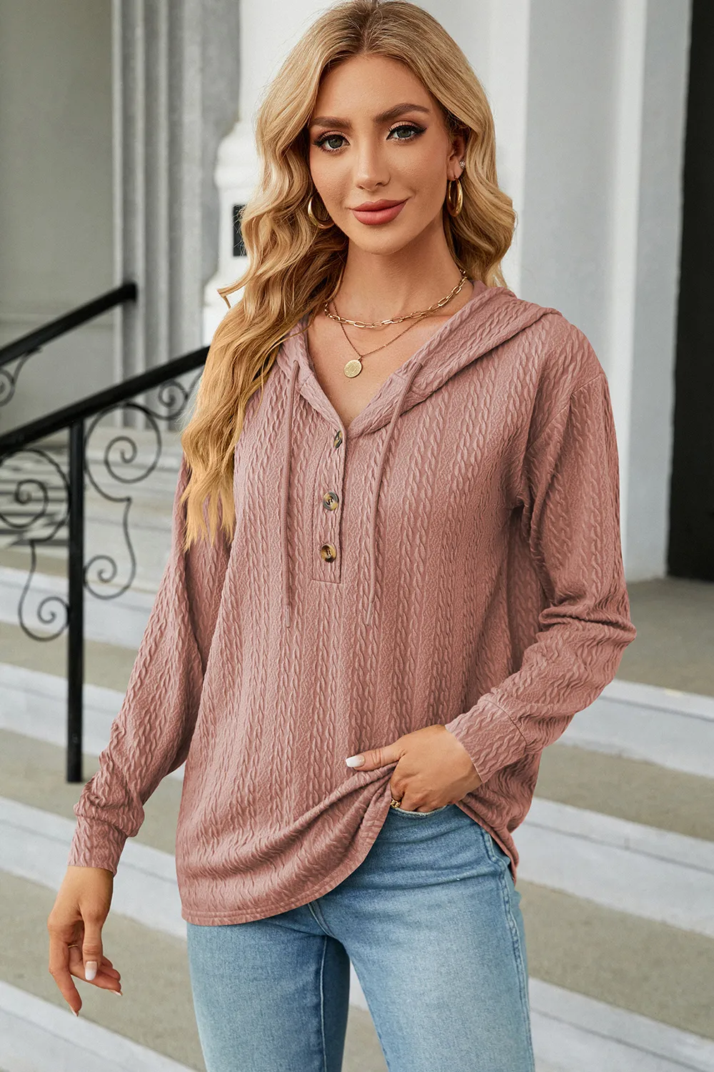 Drawstring Half Button Long Sleeve Hoodie, image 21