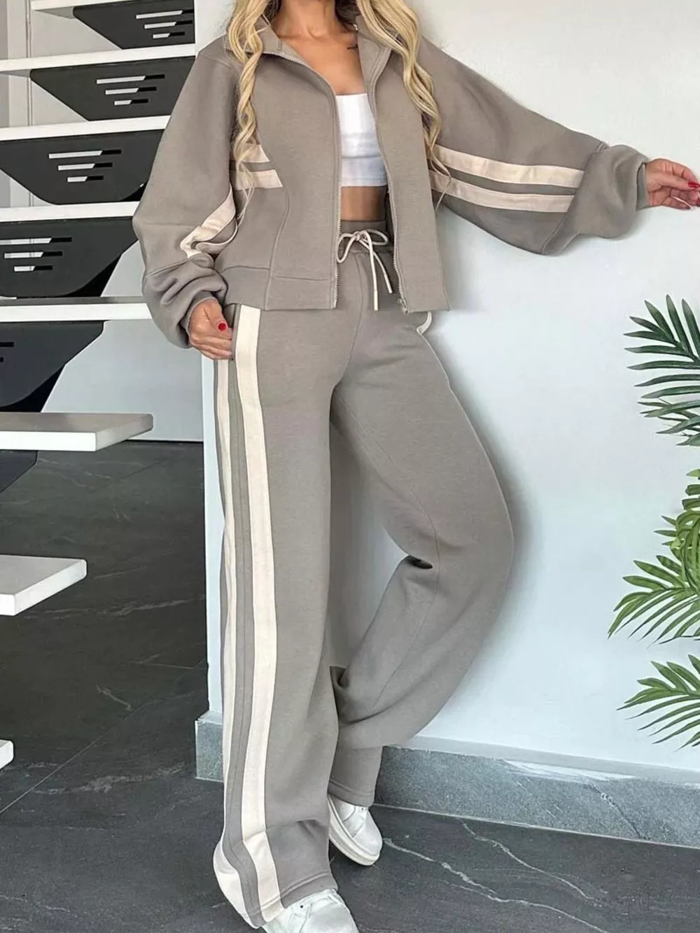 Full Size Contrast Stripe Zip Up Jacket and Pants Set Plus Size, image 9