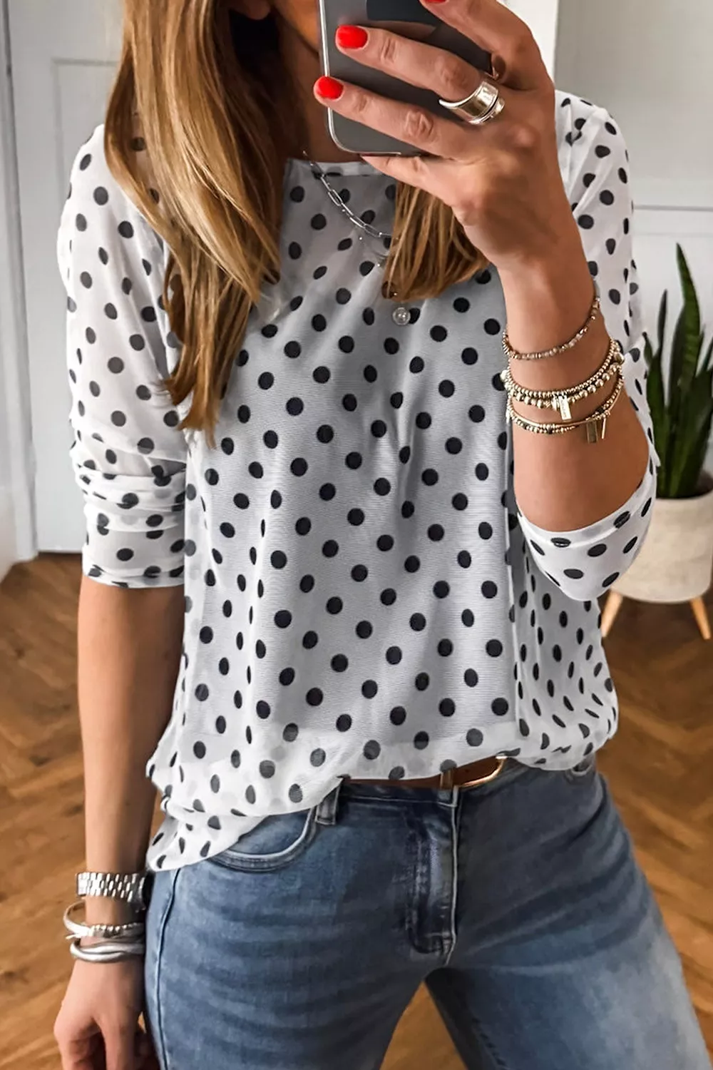 Polka Dot Sheer Mesh Long Sleeve Round Neck Shift Top, image 2