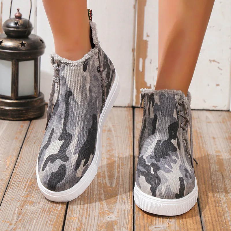 Lace-Up Round Toe Canvas Boots with Side Zip, image 2