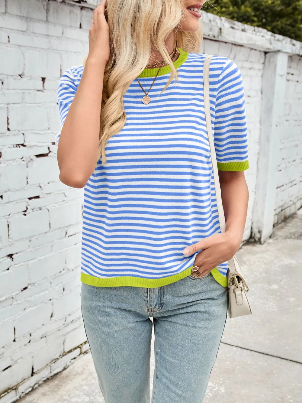 Striped Contrast Round Neck Half Sleeve Knit Top, image 32