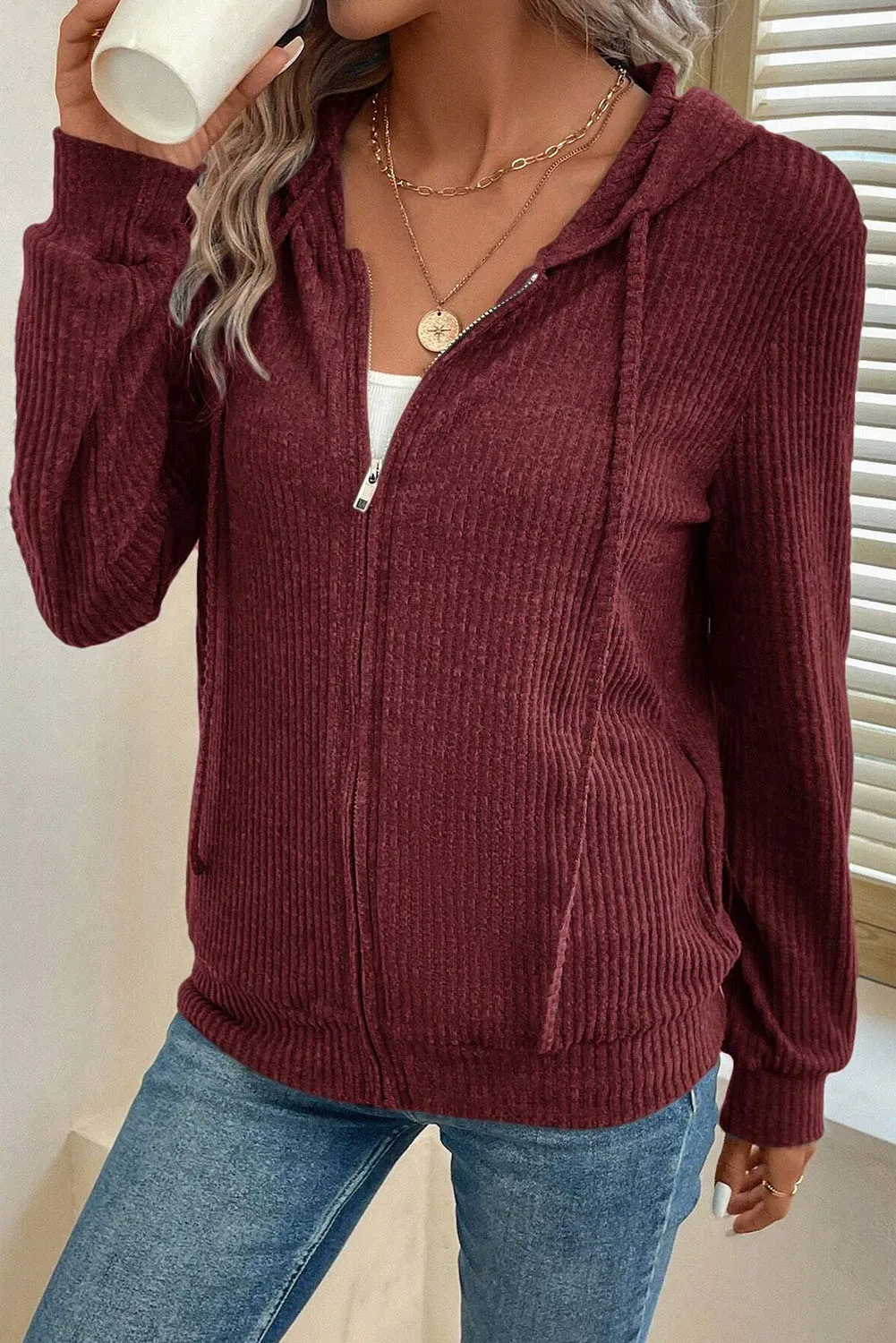 Drawstring Zip Up Long Sleeve Hooded Jacket, image 6
