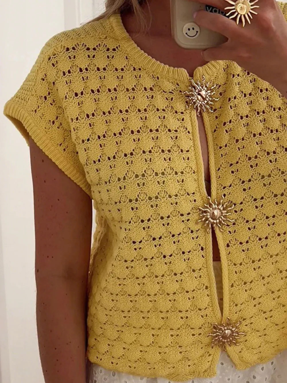 Crochet Short Sleeve Button Front Cardigan, image 7