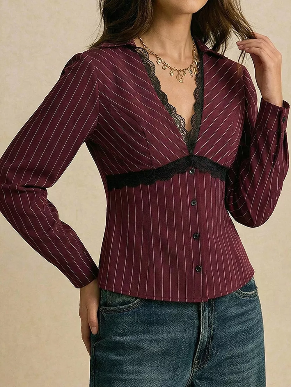 Lace Trim V-Neck Blouse, image 3