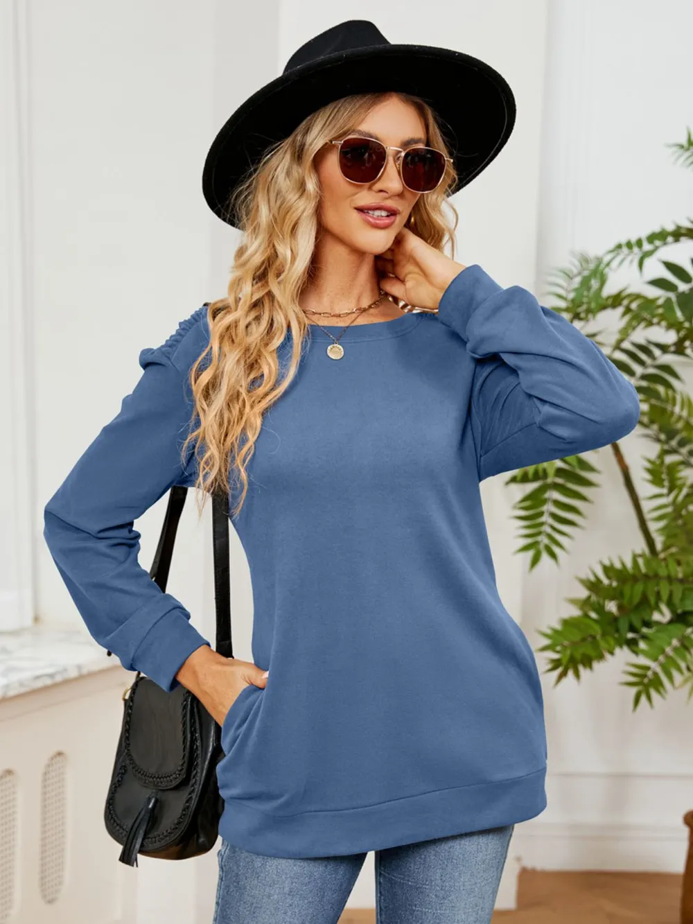 Ruched Shoulder Round Neck Long Sleeve Sweatshirt, image 10