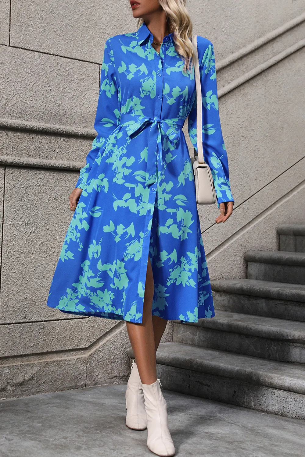 Printed Button Up Tie Waist Dress, image 7