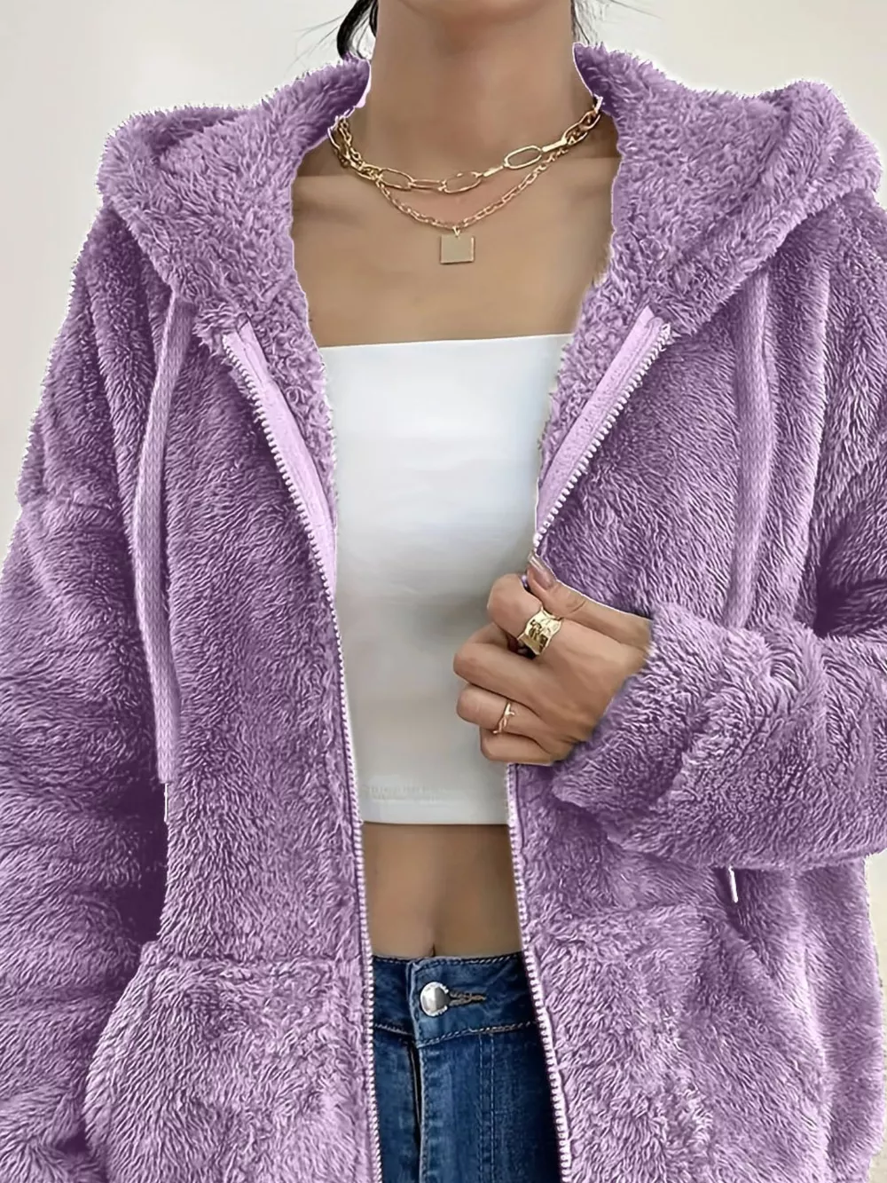 Drawstring Fleece Zip-Up Outerwear, image 17