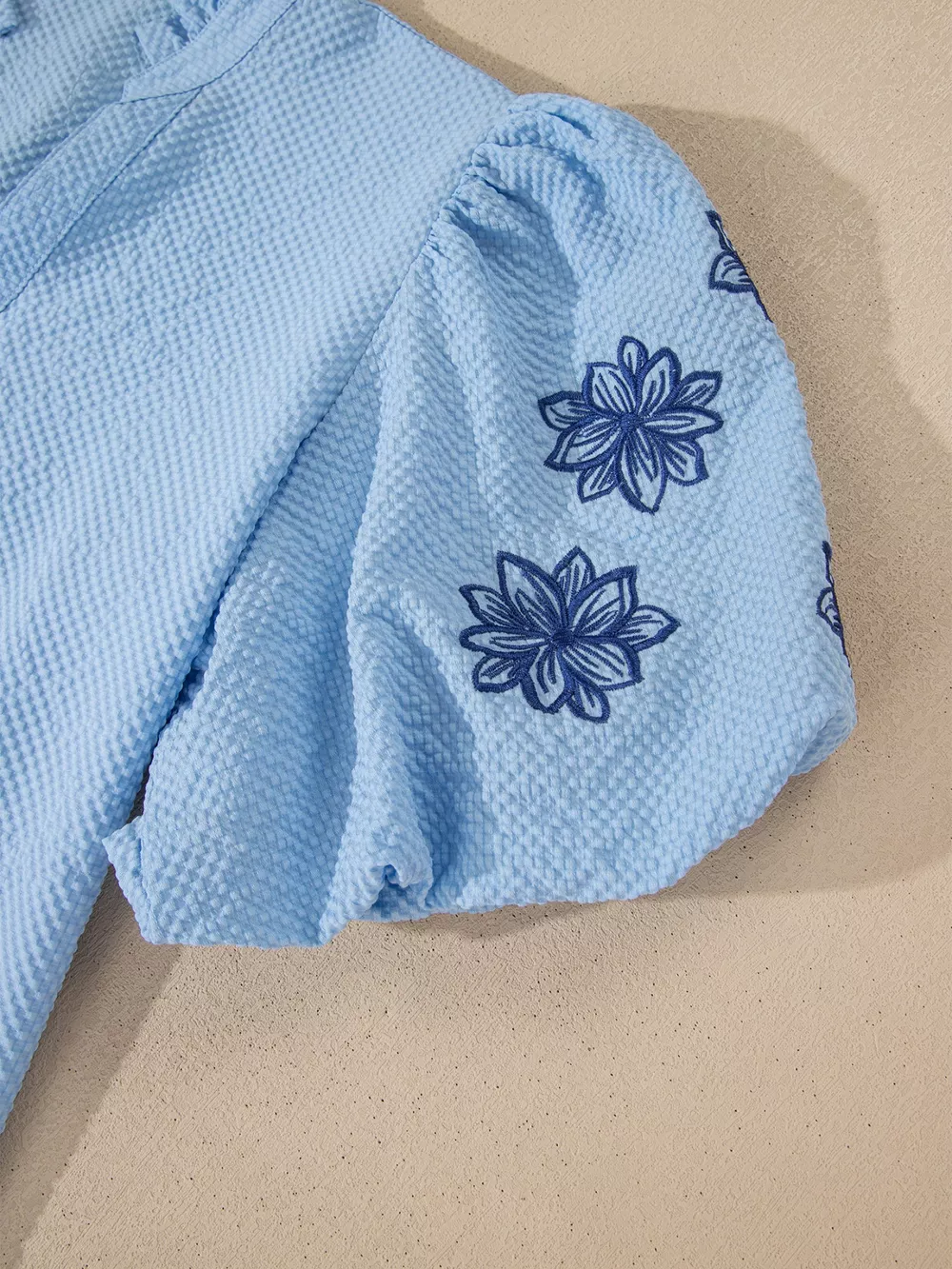 Flower Embroidered Puff Sleeve Split Neck Textured Blouse, image 8
