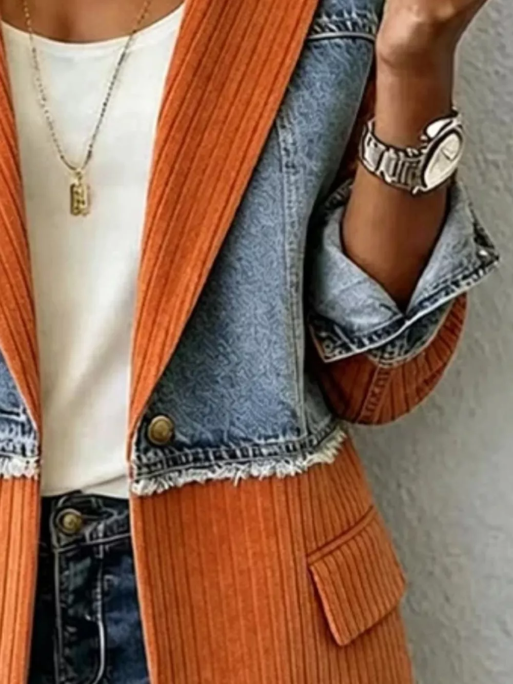 Full Size Patchwork Denim Ribbed Blazer Plus Size, image 9