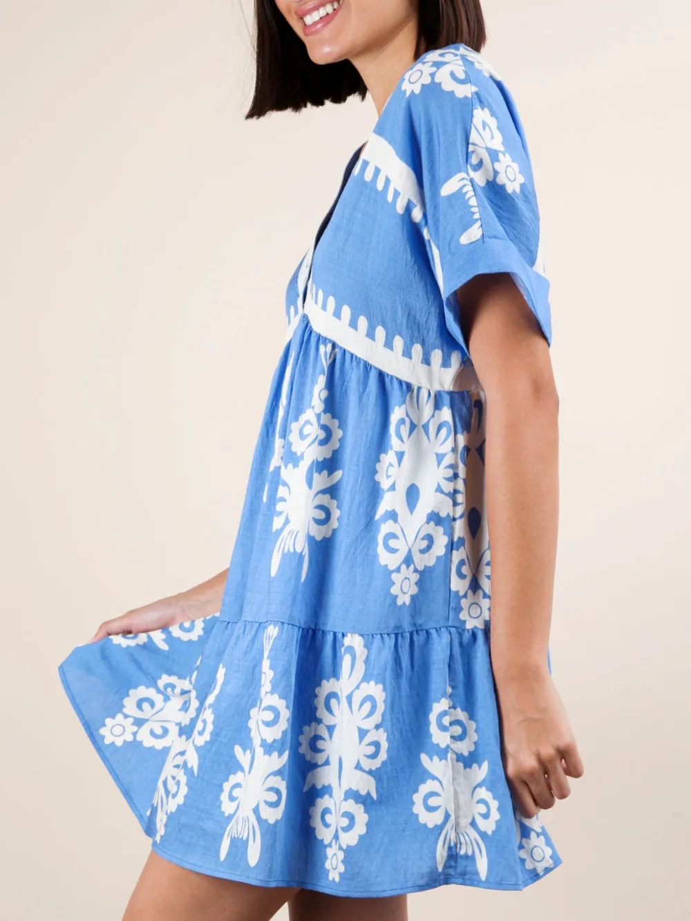 Printed V-Neck Short Sleeve Mini Dress, image 17