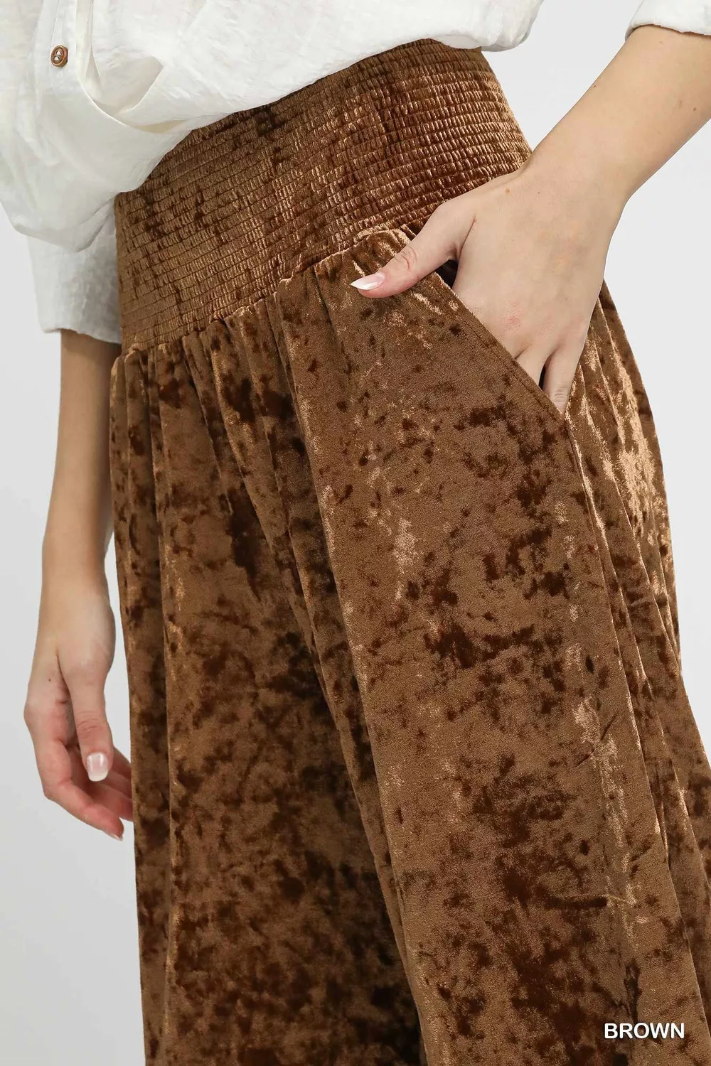 Velvet Smocked Waistband Wide Leg Pants, image 6