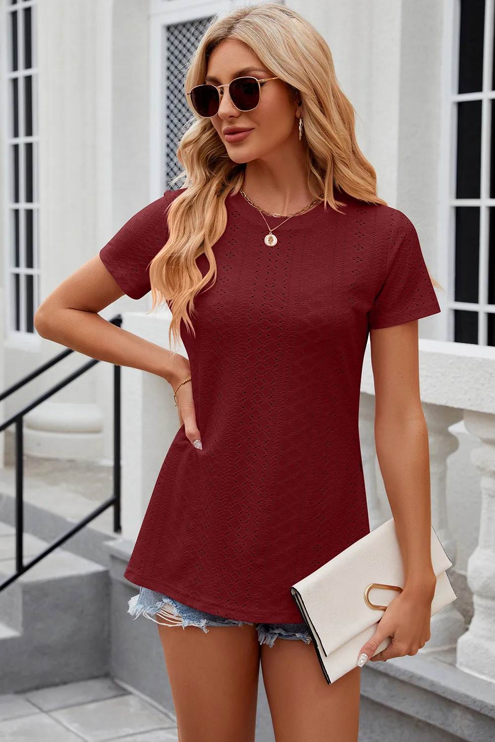 Eyelet Slit Round Neck Short Sleeve T-Shirt, image 7