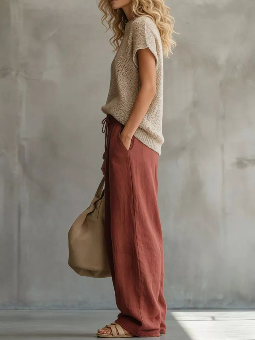 Openwork Knit Top and Wide-Leg Pant Set, image 4