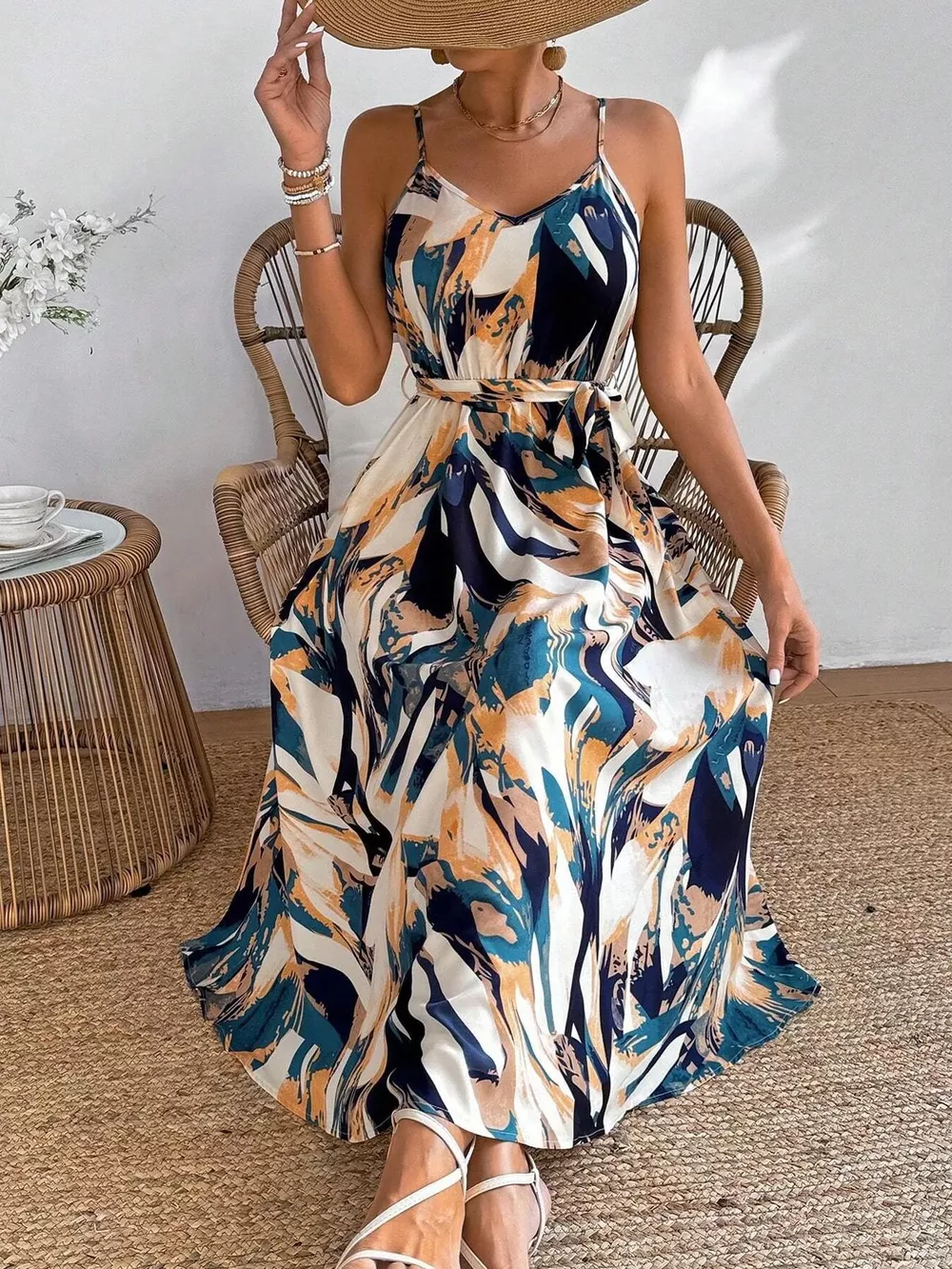 Abstract Print Tie Waist Cami Dress, image 10