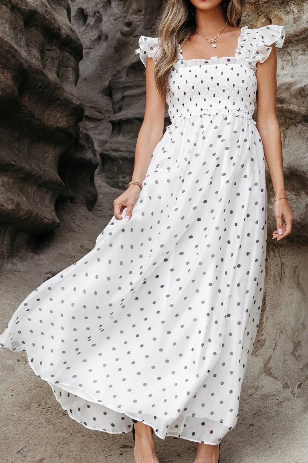Polka Dot Ruffle Sleeve Smocked Midi Dress, image 12