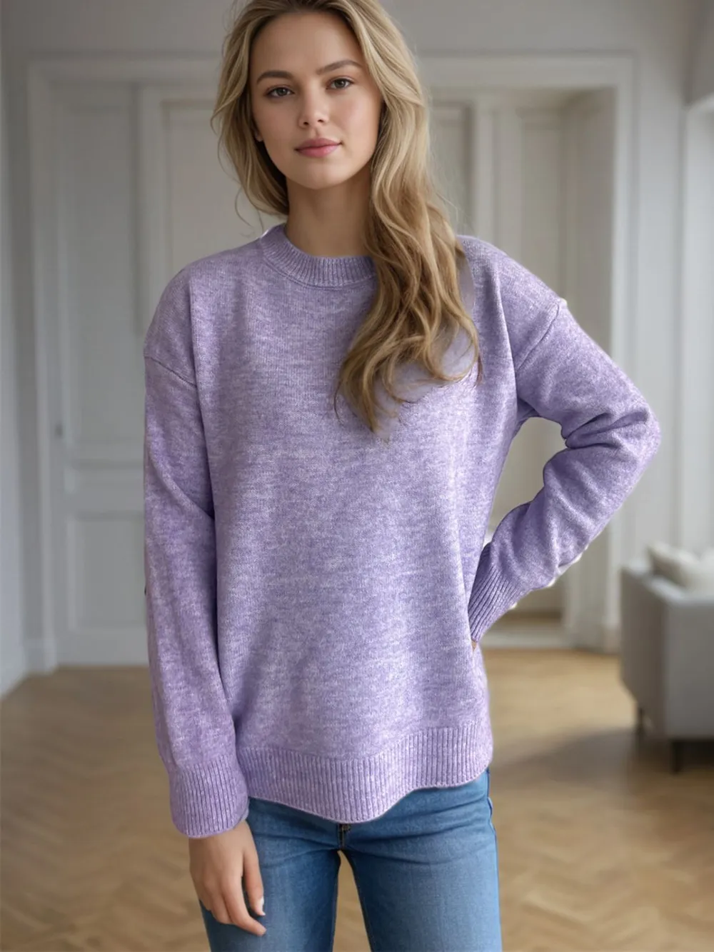 Round Neck Drop Shoulder Long Sleeve Sweater, image 4