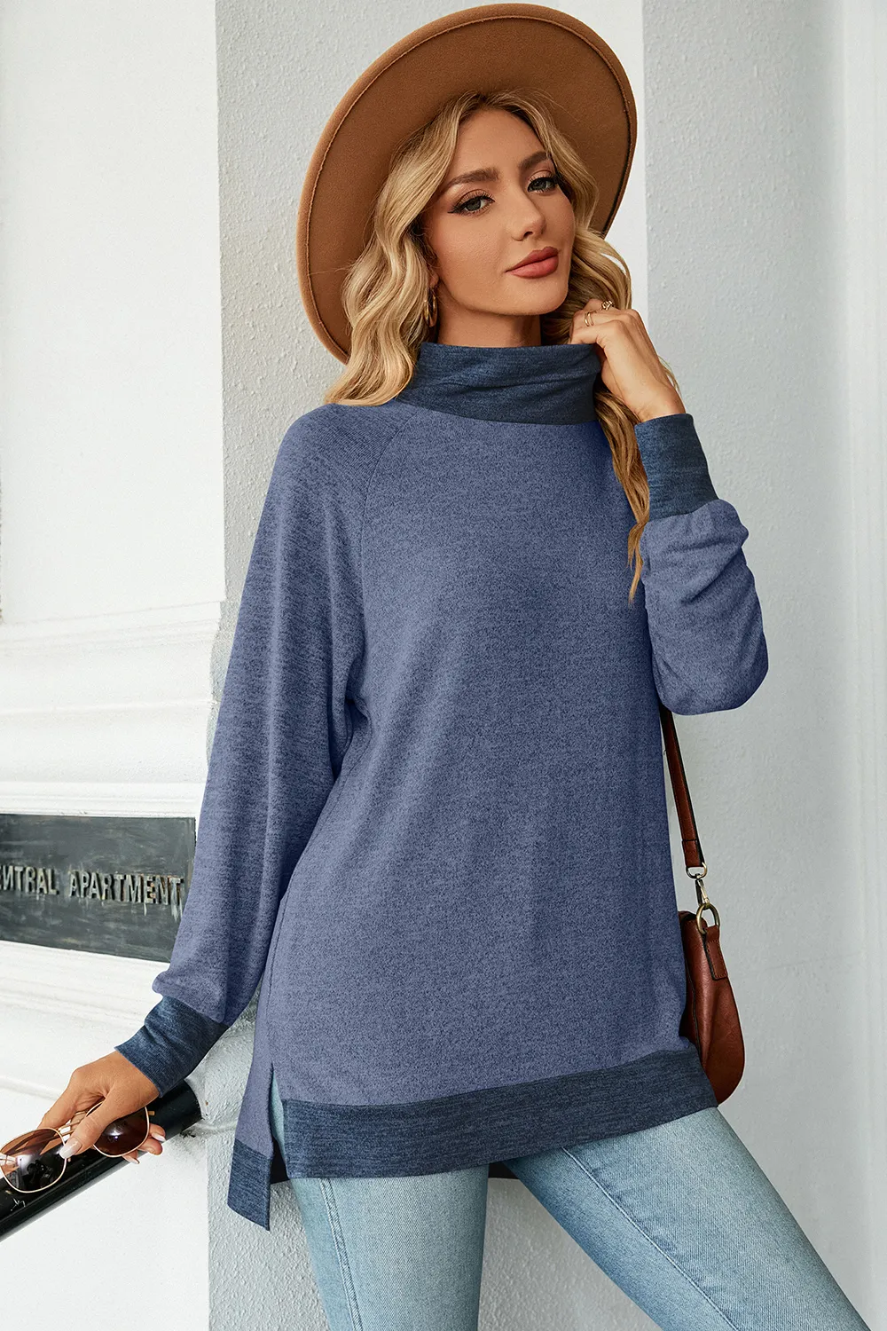 Slit Mock Neck Long Sleeve T-Shirt, image 8