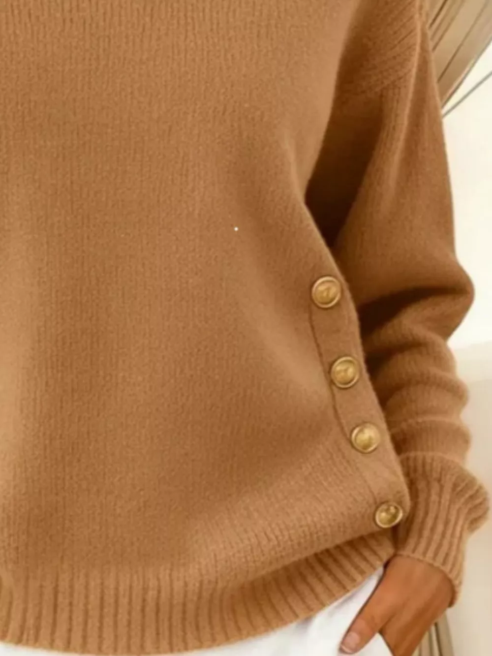 Full Size Decorative Button Dropped Shoulder Sweater Plus Size, image 13