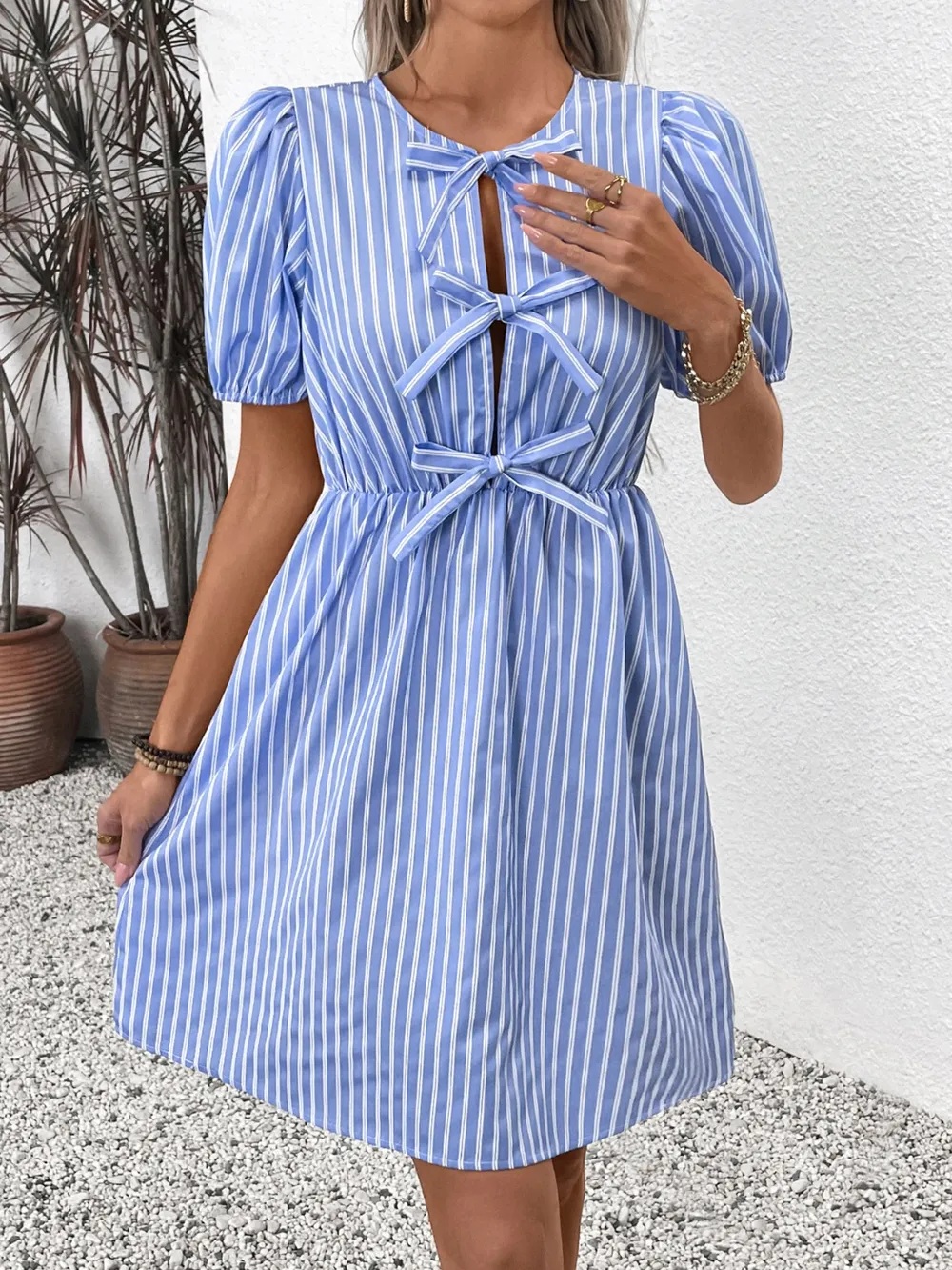 Tied Striped Short Sleeve Mini Dress, image 6