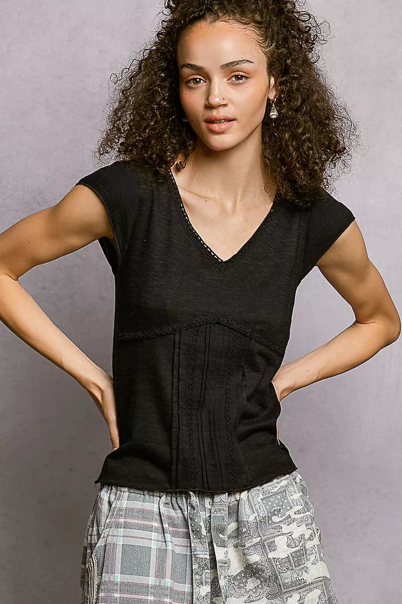 V-Neck Lightweight Textured Short Sleeve Knit Top with Lace Trim, image 5