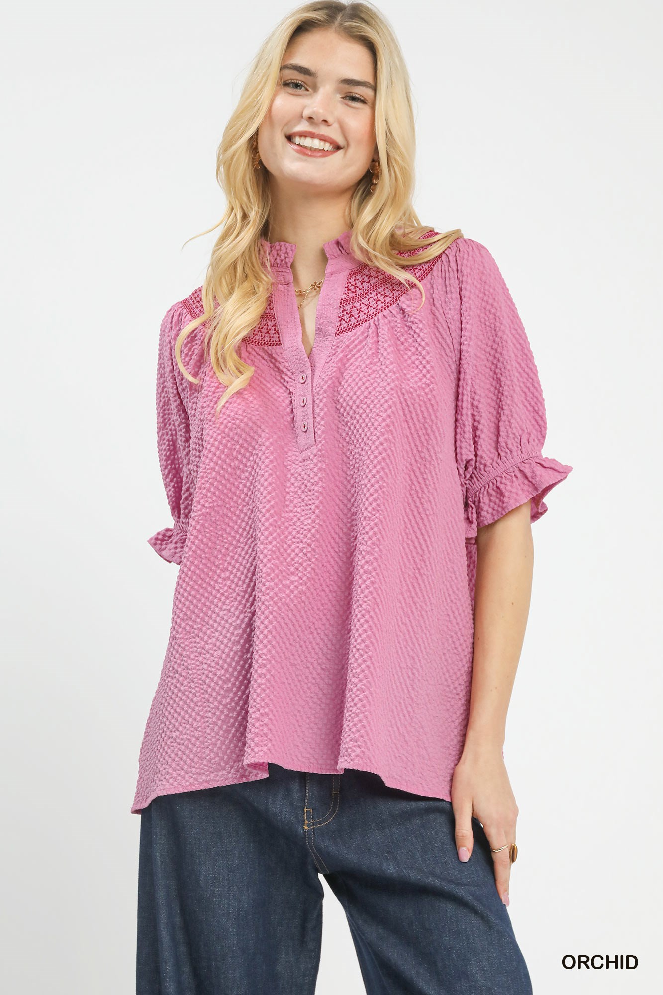 Textured Henley Blouse with Ruffle Cuffs
