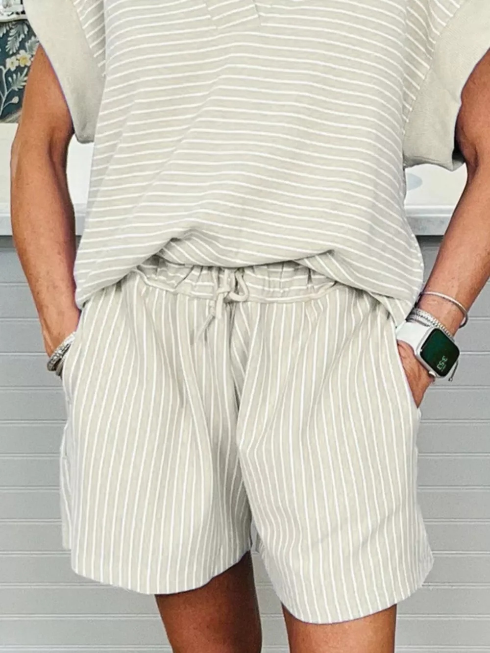 Stripe Dolman Sleeve Polo Shirt and Drawstring Shorts Set, image 2