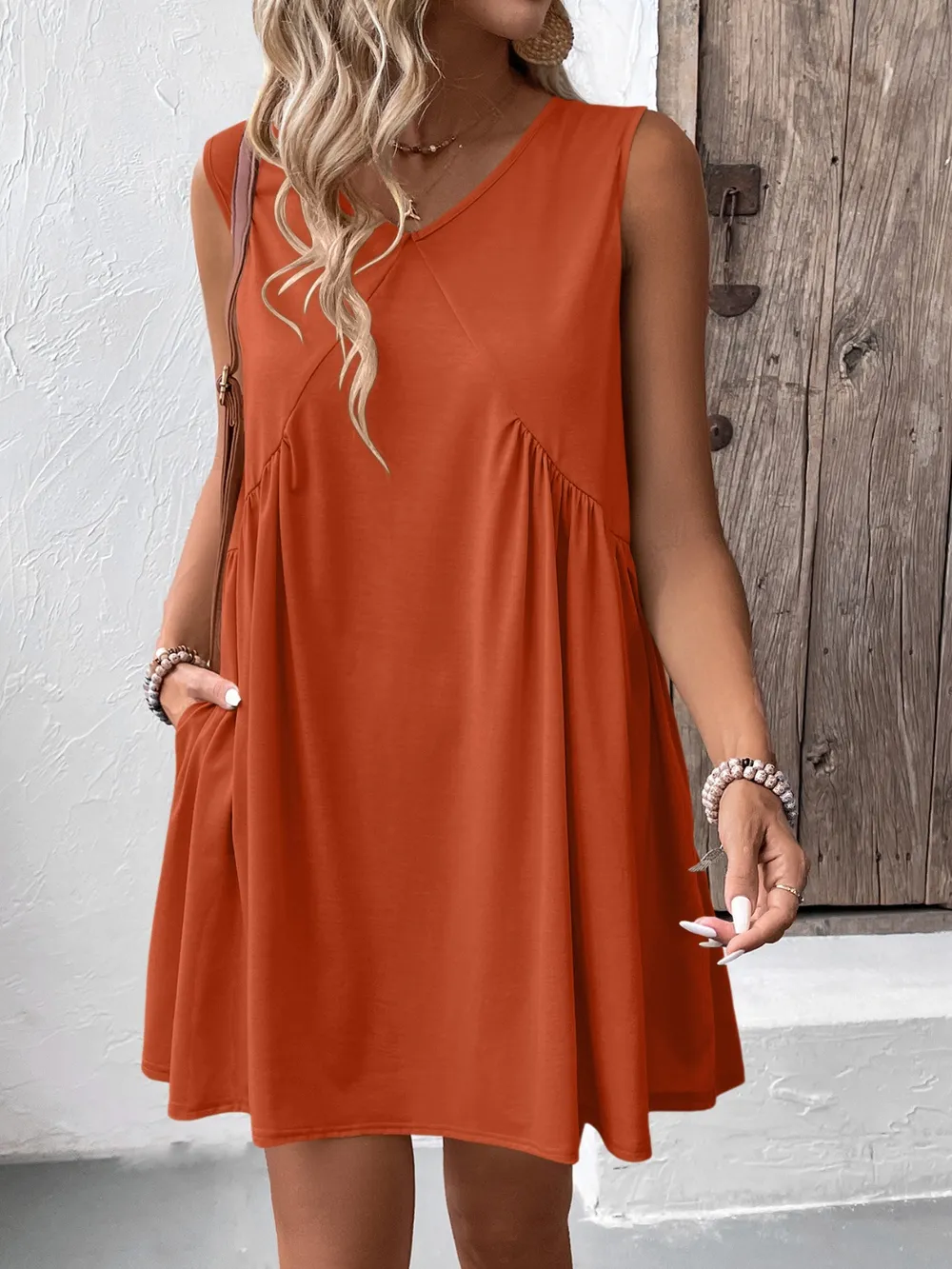 Ruched V-Neck Sleeveless Mini Dress, image 30