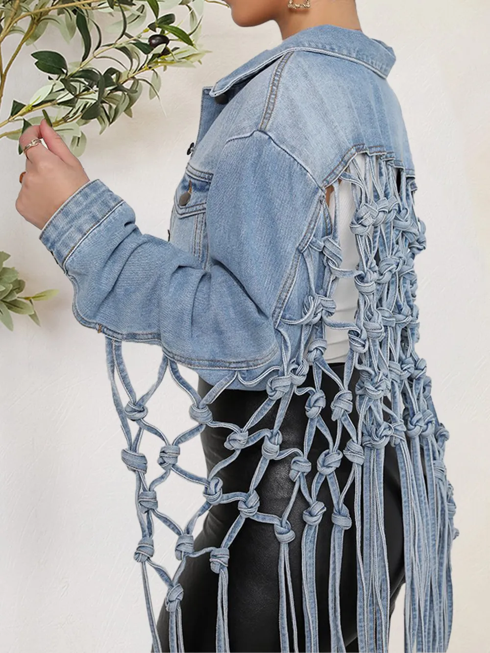 Tie Detail Button Up Denim Jacket with Pockets, image 3