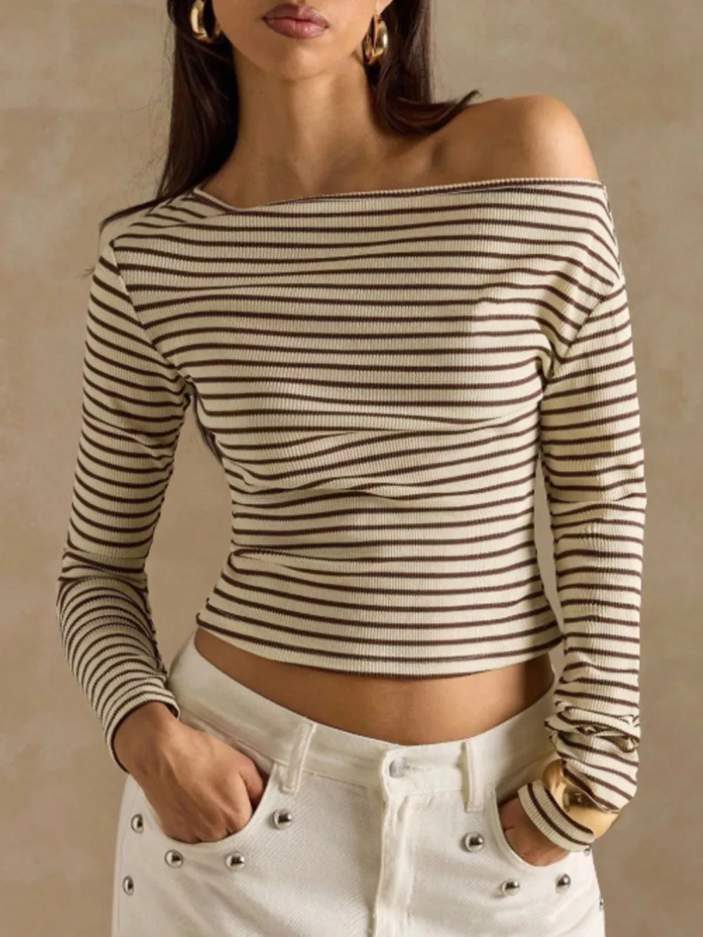 Off-Shoulder Striped Ribbed Long Sleeve T-Shirt, image 5