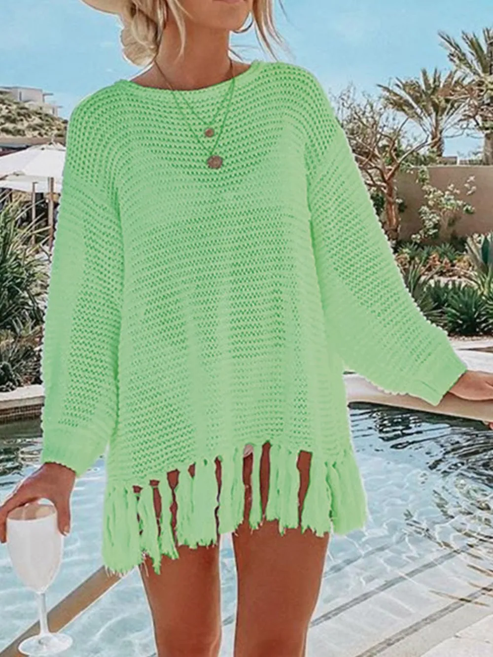 Openwork Tassel Hem Long Sleeve Knit Cover Up, image 10